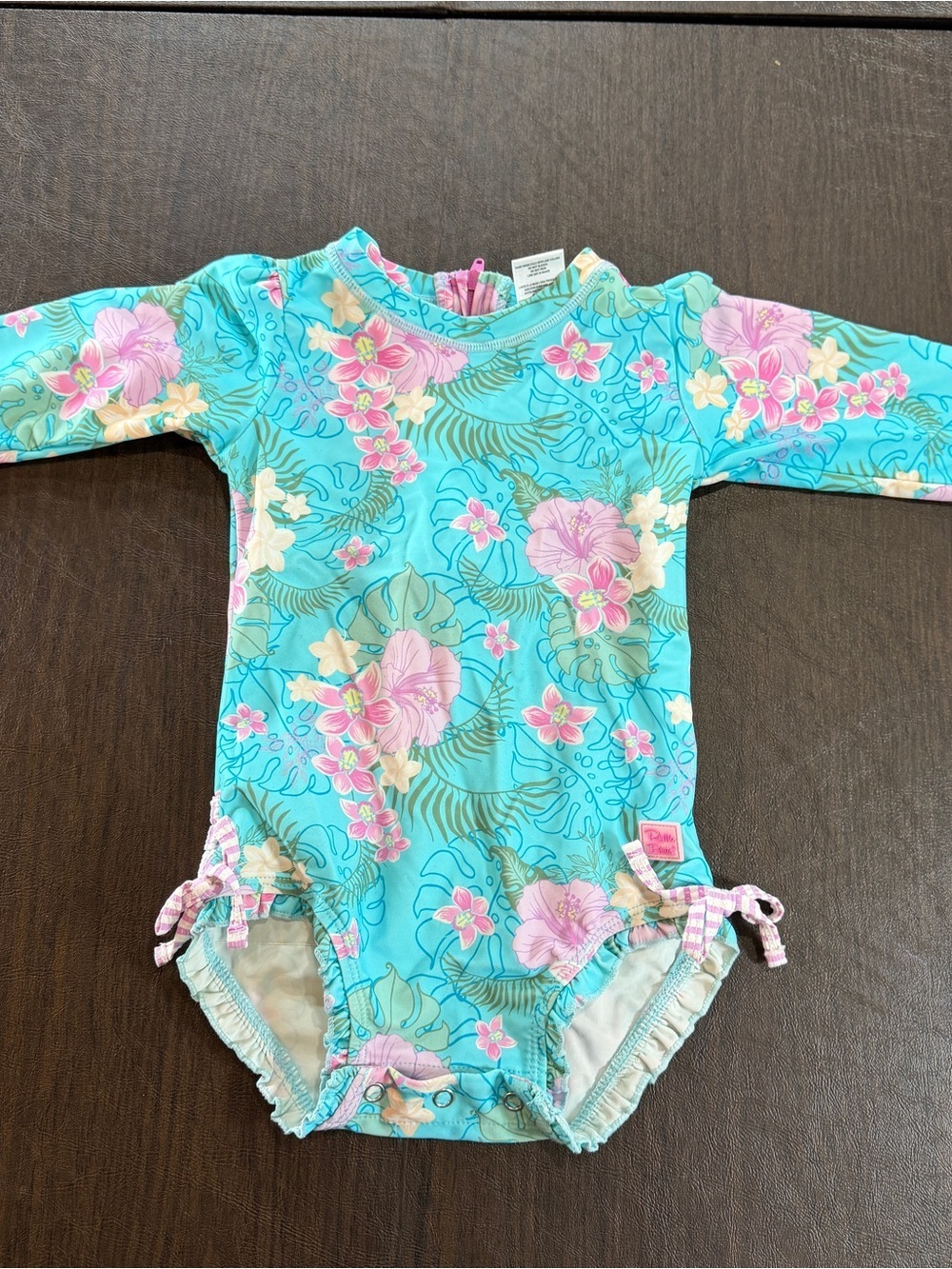 Ruffle Butts Floral Turquoise Long-Sleeve Baby Swimsuit Sz 18-24